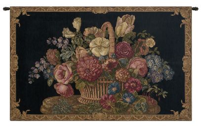 Flower Basket with Black Chenille Background Italian Tapestry