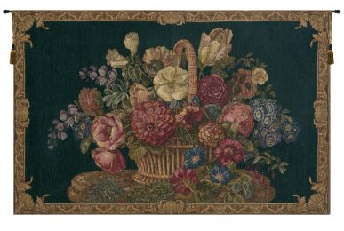 Flower Basket with Green Chenille Background Italian Tapestry