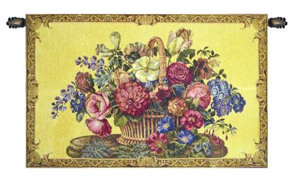 Flower Basket with Yellow Chenille Background Italian Wall Hanging