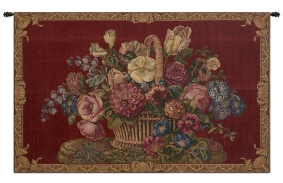 Flower Basket with Burgundy Chenille Background Italian Tapestry