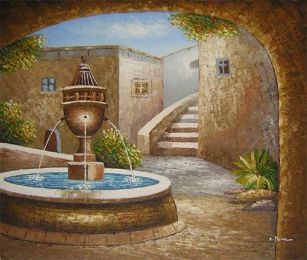 Terrace Fountain Canvas Wall Art (Size: 24 x 36 (Stretched))